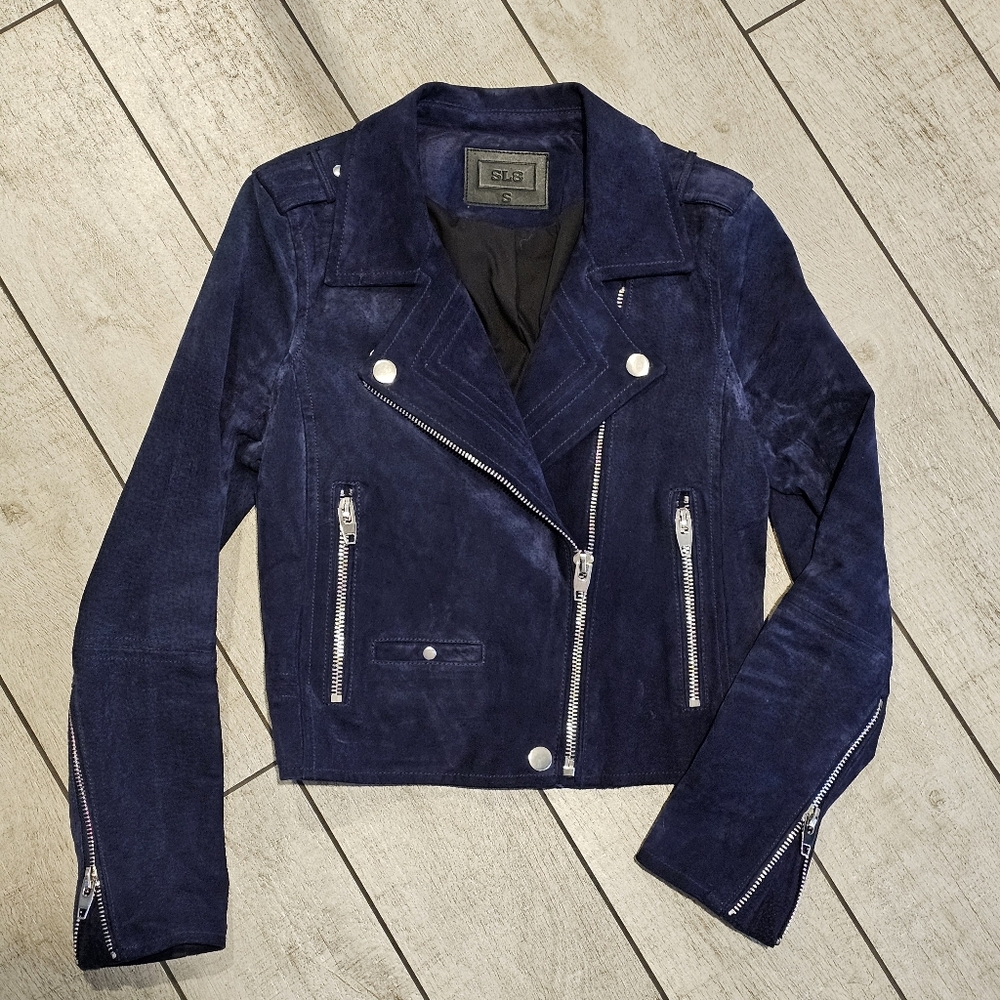 SL8 Blue Genuine Leather Suede Moto Jacket Silver Zippers Urban Army S Blank NYC